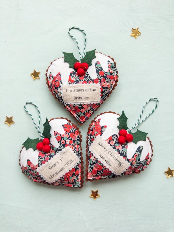 Personalized Liberty Heart Christmas Pudding Decoration: Handmade Felt Ornament