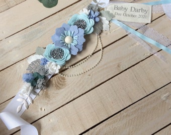 Blue & silver it's a boy maternity sash, bump sash, mummy to be bump band