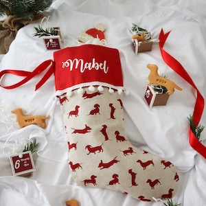 Dachshund Christmas Stocking, Sausage Dog Print,Personalised  Linen Pet Stocking