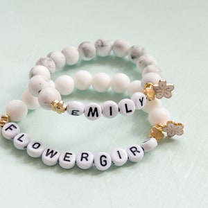 Personalised Flower Girl Bracelet, Silicone Bead, Enamel Blossom Charm