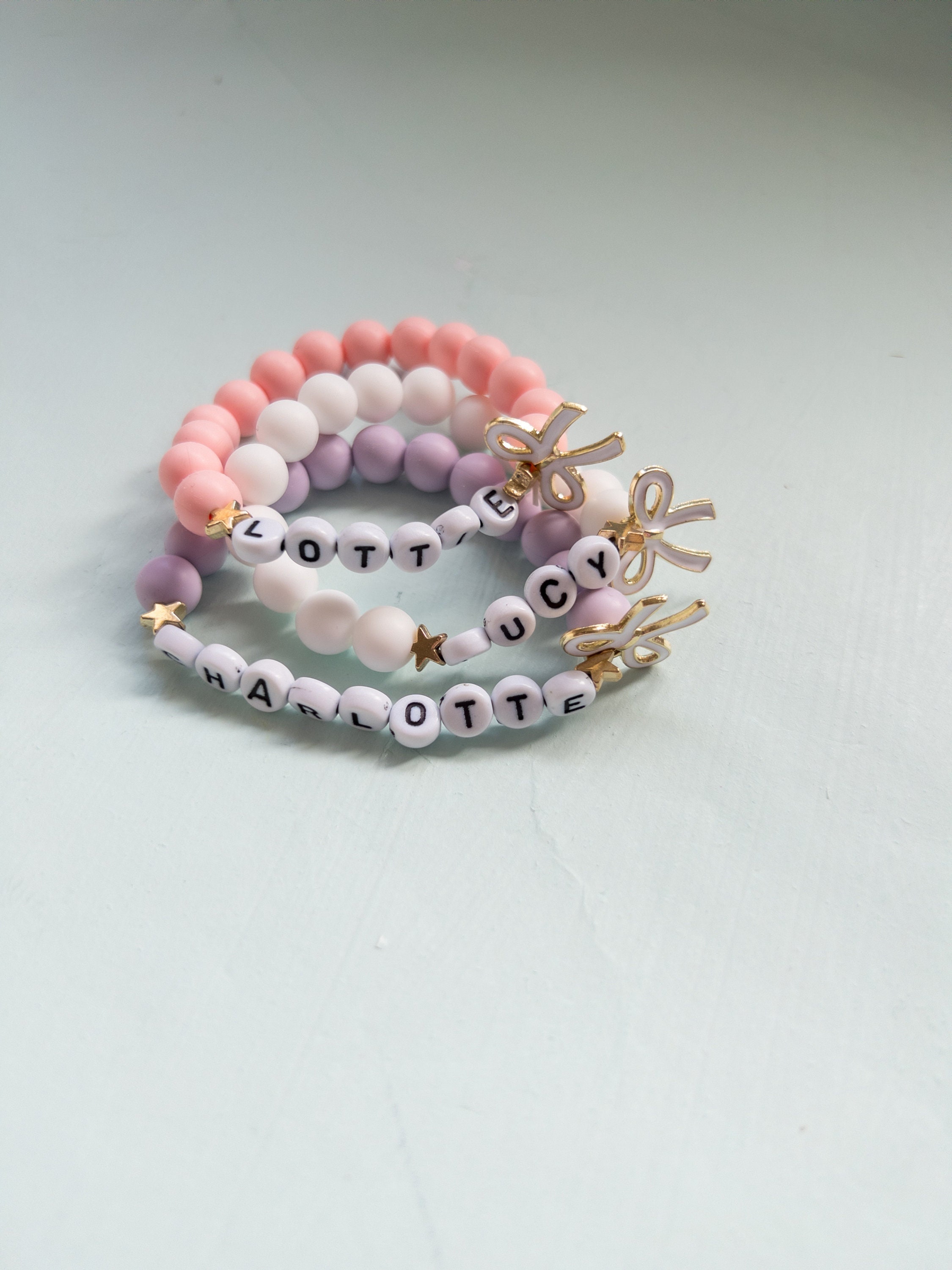 Personalised Bracelet for Children, Bow Charm Bracelet, Flowergirl Name Bracelet,  Kids Personalised Bracelet, Party Bag Gift