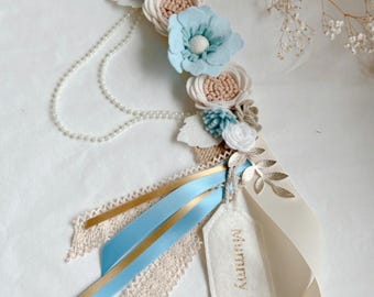 Faja de maternidad con flores de fieltro azul, faja para baby shower, futura mamá