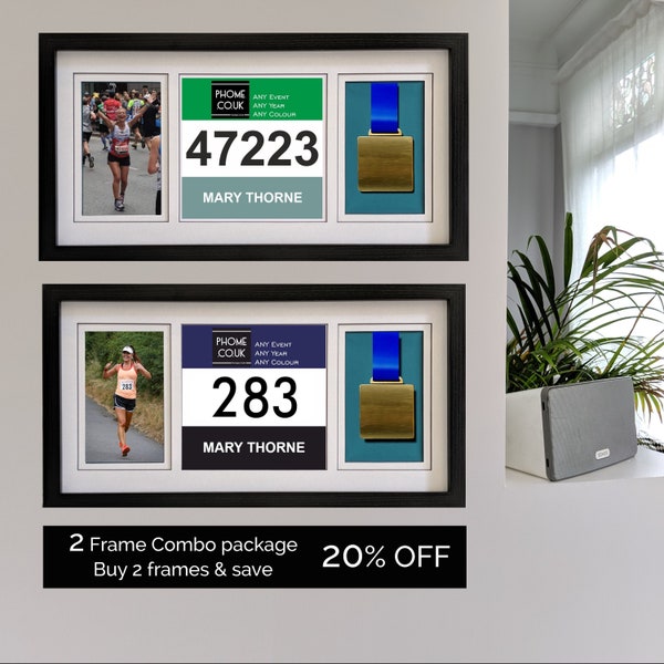 Any Marathon Finisher's Bib, Photo and Medal Display Frame - Gift for Runner - Combo Offer 20% Off - Free USA Delivery