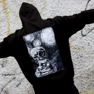 hoodie ,hand-painted,skull, cozy,casual style ,everyday style,man,boy,teenager, black  hoodie,clothes ,unique hoodie ,free style,Van Gogh