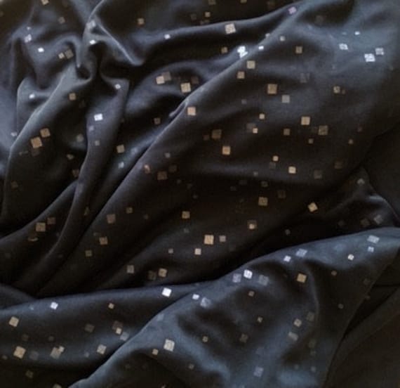 Sheer Fabric: Muted Black/Pewter Metallic Chiffon with random fused square sequins, 58" wide 3 yard piece
