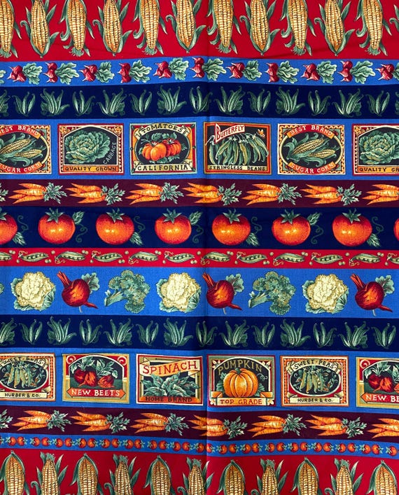 Vintage Cotton Fabric: Vegetable Border VIP print by Joan Messmore for Cranston Print Works Printed in USA- Sold by Yard
