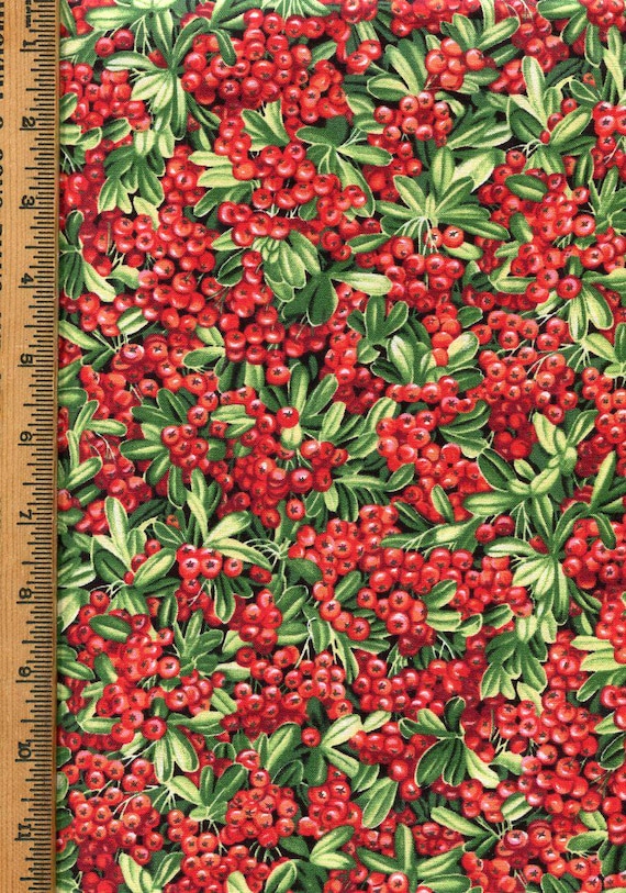 Bufford Holly: Red Berries & Green Leaves on Cotton Fabric- 45" wide x 1 yard piece