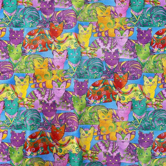 Psychedelic Cats: Vintage Cotton Fabric- Sold by the 1/2 Yard