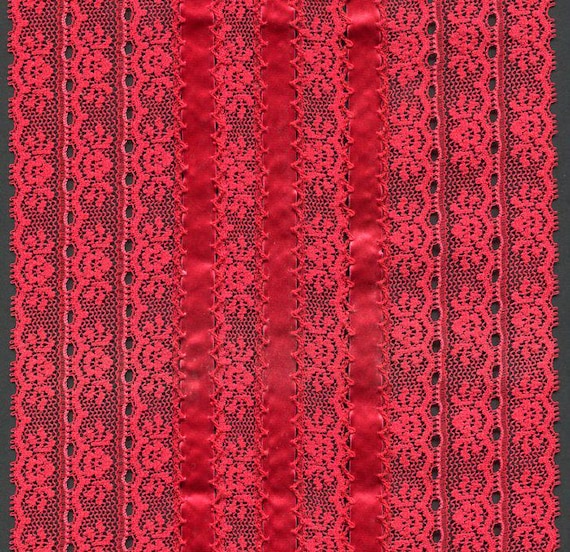 7" wide Red Entredeau Lace with 8 lace & 3 satin ribbons combined.  Incredibly rare lace.