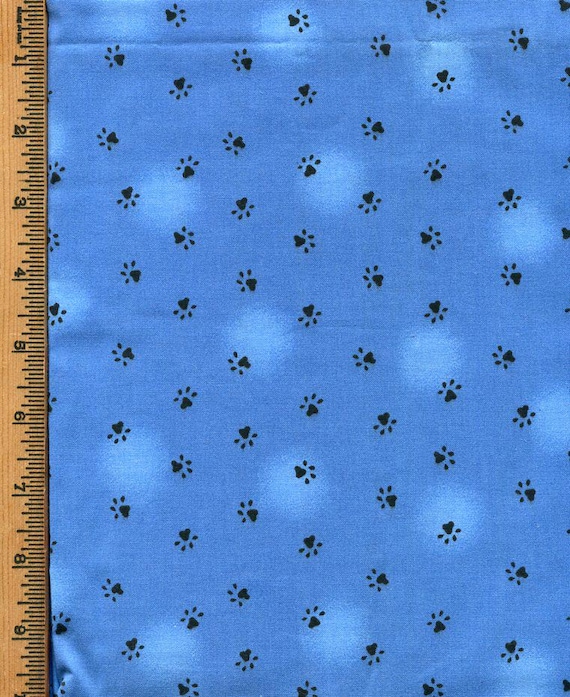 Black Cat Paw Prints on Blue Cotton  45" wide by 1 yard