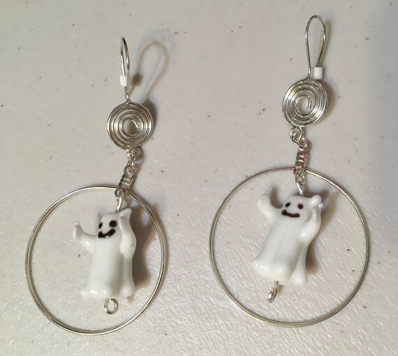 Good Luck Lampwork Ghosts Earrings with Sterling & Silver Plate findings, Spiral Fish Hooks