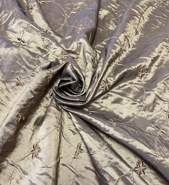 Vintage Burnished Gold Embroidered Taffeta Fabric 58" wide, Sold by the yard