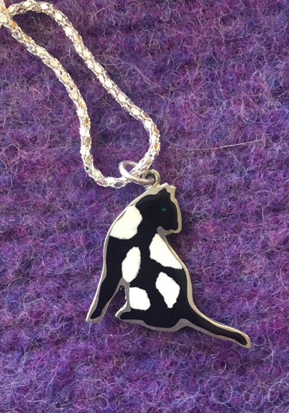 Enameled Black & White Cat Charm and Necklace