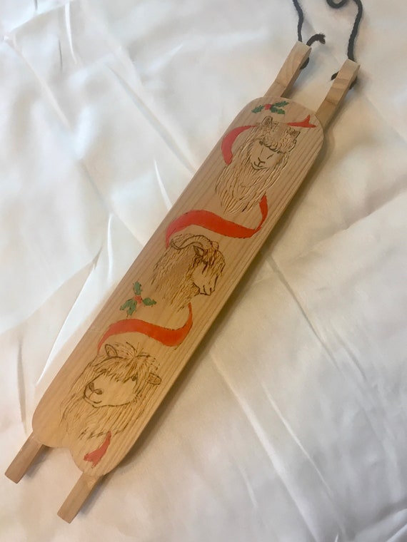 Christmas Woodburned Sled with Alpaca, Sheep & Angora Goat