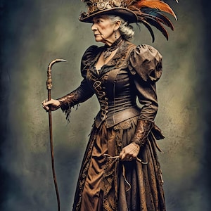 May include: A woman in a steampunk-inspired outfit, featuring a brown dress with corset detailing and a feathered hat. She holds a cane and a small whip, set against a textured, dark background. The ensemble is rich in detail.
