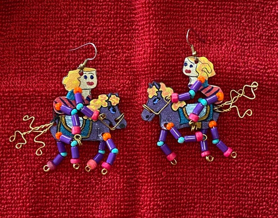 Colorful Circus Horse & Rider Earrings-Vintage, Hand-Crafted