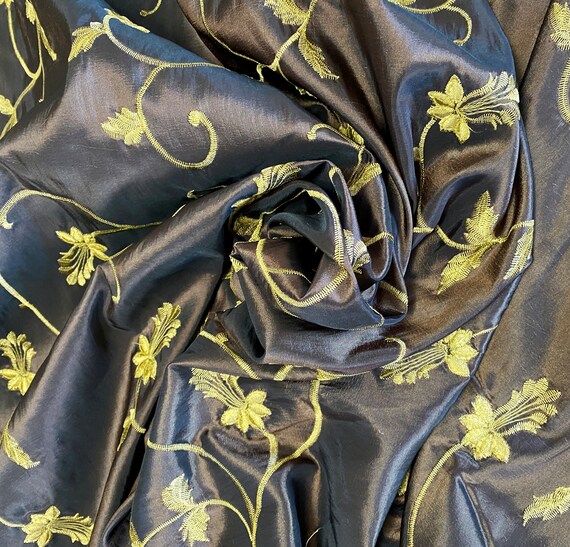 Chocolate Brown Taffeta Fabric w/ Embroidered Gold Twining Flowers
