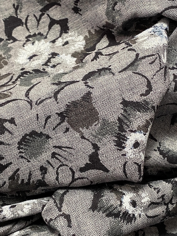Grey, Black and White Floral Woven Fabric: Sold as a Piece