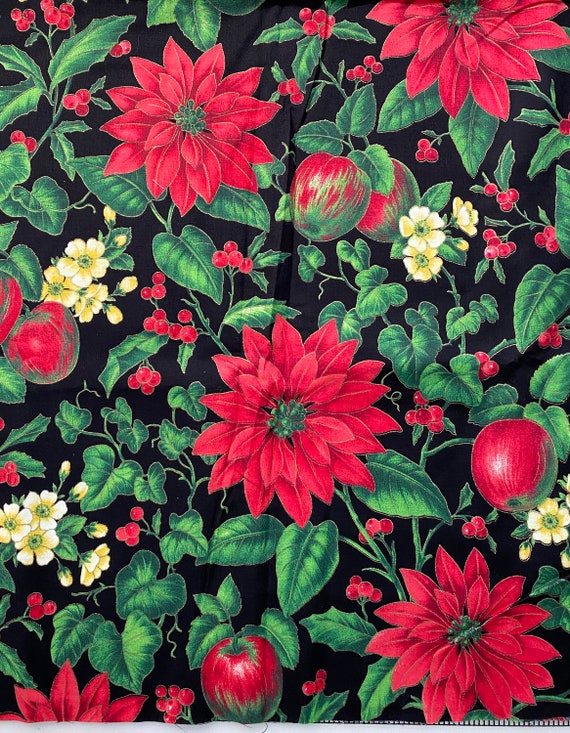 Apples, Poinsettias & Holly Berries on Black Cotton Fabric: 2008 VIP Cranston Printworks, 56" wide, Sold by 1/2 yard