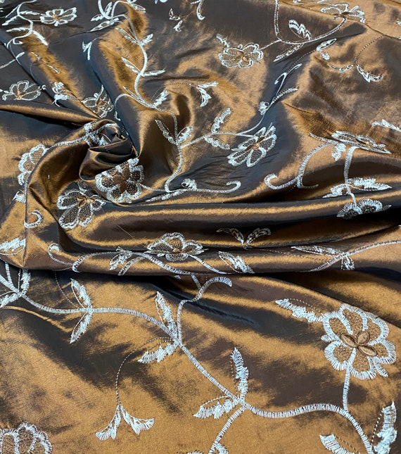 Bronze/Copper Embroidered Taffeta Fabric: 58" Wide, Vintage, By the Yard