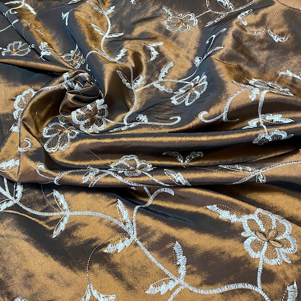 Bronze/Copper Embroidered Taffeta Fabric: 58" Wide, Vintage, By the Yard