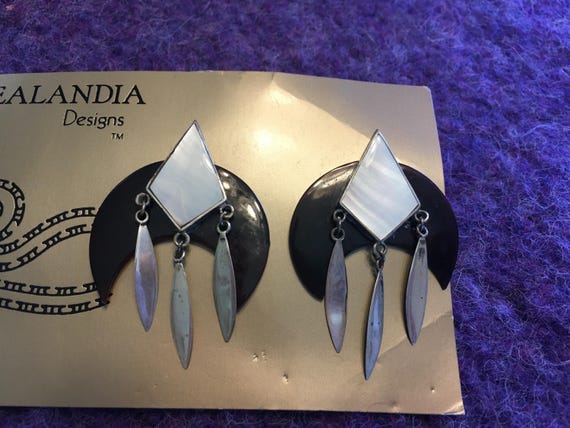 Marine Opal & Black Mussel Shell Crescent Moon Earrings with Sterling Silver Accents by Zealandia Designs circa 1970s