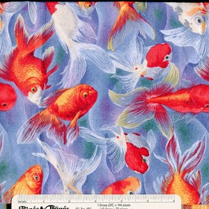 Koi on Blue Fabric: &#39;On Golden Pond&#39; by Ro Gregg for Northcott- 42&quot; wide by 1 yd+