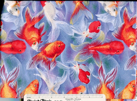 Koi on Blue Fabric: 'On Golden Pond' by Ro Gregg for Northcott- 42" wide by 1 yd+