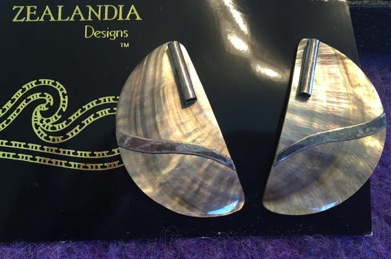 Marine Opal Half Moon Earrings with Sterling Silver Accents by Zealandia Designs circa 1970s