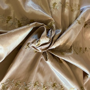 Antique Gold/ Dark Champagne Satin with Gold & Silver Floral Embroidery- 60&quot; wide, sold by the yard