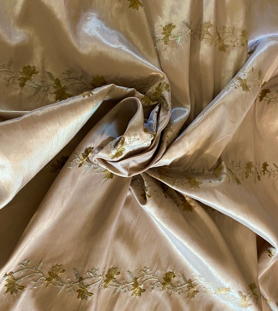 Antique Gold/ Dark Champagne Satin with Gold & Silver Floral Embroidery- 60" wide, sold by the yard