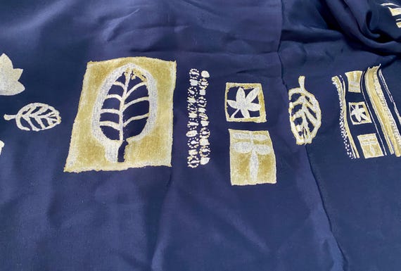 Gorgeous Vintage Navy 100% Rayon Fabric with Cream & Gold Double Border: Sold by the Yard