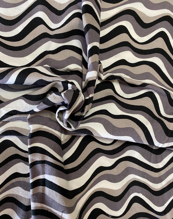 Undulating Stripes of Black Gray White & Ecru Fabric: Sold by the Piece