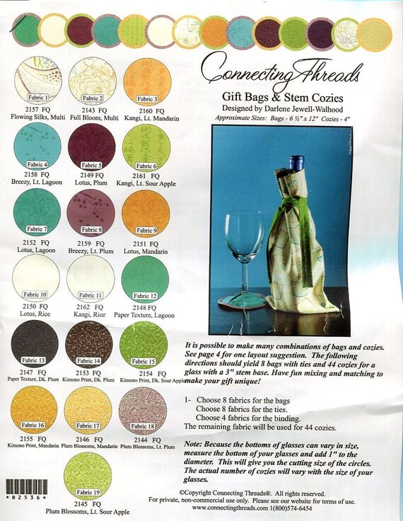 Fabric and Patterns to Make Gift Bags for Wine Bottles and Cozies for Wine Glasses