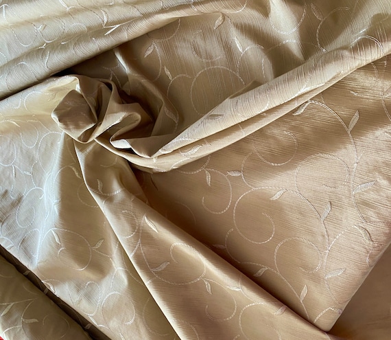 Faux Silk Fabric Pale Gold Swirled Leaves on Pale Gold Broken Lines 60" wide By the yard