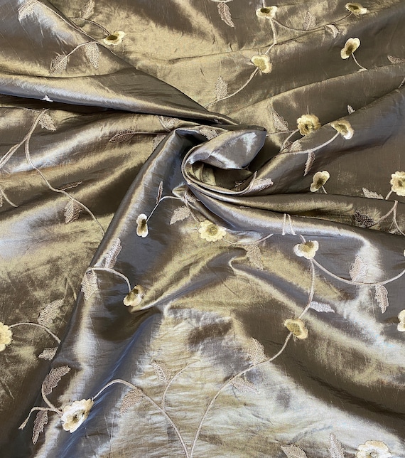 Embroidered Pale Bronze Taffeta Fabric 60" wide, sold by the yard
