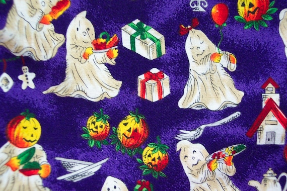 Halloween Fabric: Cheery Ghosts on Purple, 40/41" wide 1.25 yards, Hi Fashion Fabrics Inc