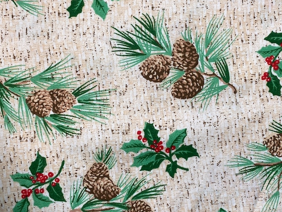 Pine Boughs & Holly Cotton Fabric: Sold by the Piece