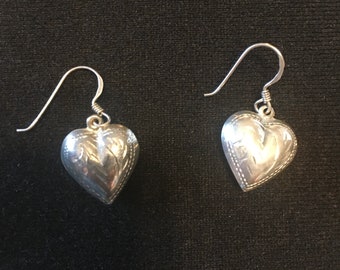 2g Solid Sterling Silver Puffed Heart 36mm Dangle Pushback Earrings 