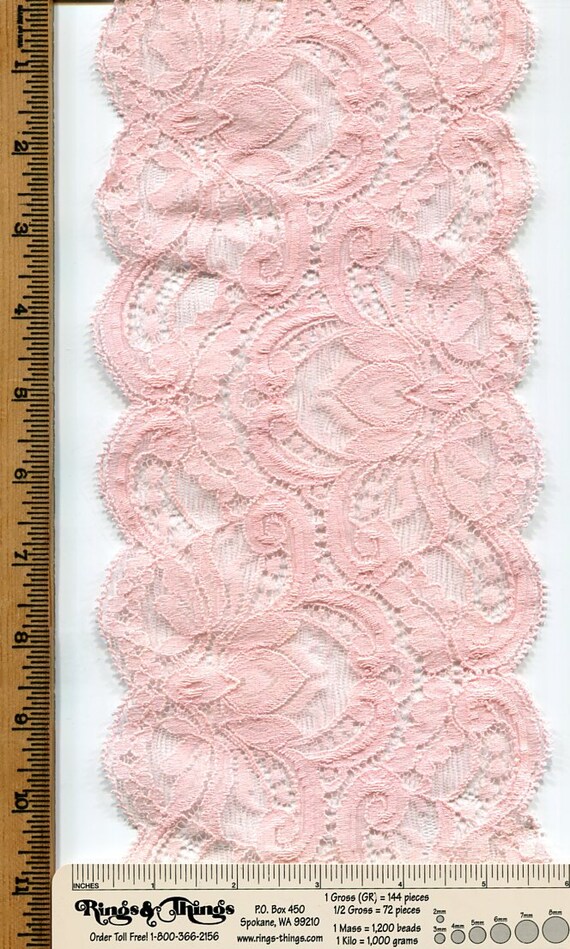 Pink Double Scallop Stretch Lace, Piece 2.5 yds, 5.25 inches wide.