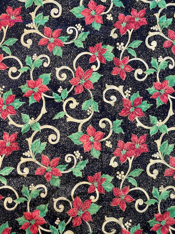 Gilded Pointsettias Cotton Fabric: Sold as a Piece