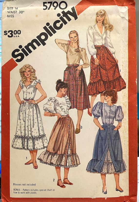 Vintage Simplicity Pattern #5790: Size 16 (30" waist)- Button Front Skirts with Petticoats