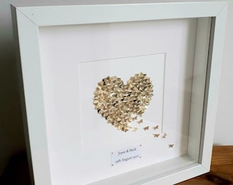 50th Anniversary gift, Golden Wedding Anniversary gift, gold heart, Anniversary gift, Anniversary frame, Butterfly heart box frame