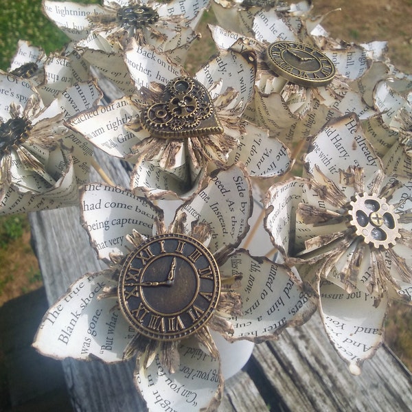 Singed/Burned Edges Book Page Steampunk Flowers Choose 3, 6 or 12  Kusudama Flowers Book Page Flowers Wedding  Birthday  Book