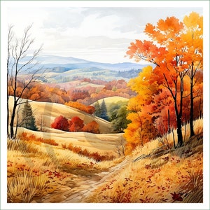 Könnte beinhalten: Ein Aquarellgemälde einer Herbstlandschaft mit einem gewundenen Feldweg, der durch ein Feld mit goldenem Gras führt. Die Bäume im Hintergrund sind eine Mischung aus Orange, Gelb und Rot, und der Himmel ist ein sanftes Blau.