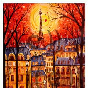 May include: A watercolour painting depicting a Parisian street scene with the Eiffel Tower in the background. The street is lined with trees and buildings, and two people are walking down the street with their dogs.
