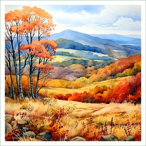 May include: A watercolor painting of a fall landscape with a group of trees in the foreground and rolling hills in the background. The trees are a vibrant orange and red, while the hills are a mix of green, yellow, and brown.
