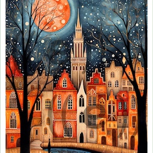 May include: A watercolor painting of a small town with a tall tower in the center. The town is lit by a large, orange moon and surrounded by trees. The river in the foreground reflects the moon's light.