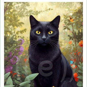 May include: A digital painting of a black cat with yellow eyes, sitting amidst vibrant orange flowers, purple blooms, and green foliage. Butterflies flutter in the background, creating a serene garden scene. The cat's fur is glossy, and the artwork has a soft, painterly style.