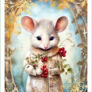 Peut inclure: Illustration d'une souris vêtue d'un manteau d'hiver, tenant des baies rouges, dans un cadre doré orné de flocons de neige. L'image évoque une ambiance festive et saisonnière.